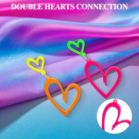 زوجان من الأقراط على شكل قلب نيون، أقراط أكريليك نيون 80s 90s للنساء، أقراط متوهجة باللون الوردي والأصفر لهدايا إكسسوارات الحفلات in Kuwait