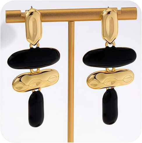 Statement Exaggerated Asymmetrical Geometric Enamel Chandelier Drop Earrings Large Trendy Jewelry For Women Black and Gold Geometric Drop Fashion Earrings in Kuwait
