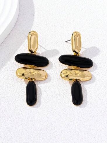 Statement Exaggerated Asymmetrical Geometric Enamel Chandelier Drop Earrings Large Trendy Jewelry For Women Black and Gold Geometric Drop Fashion Earrings in Kuwait