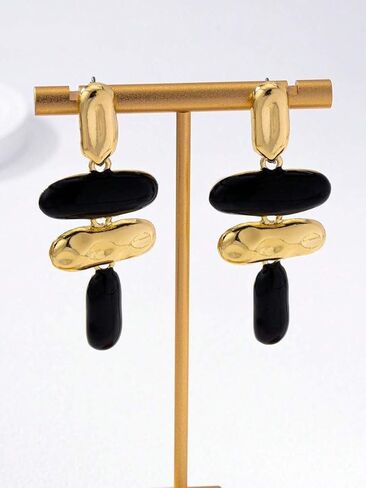 Statement Exaggerated Asymmetrical Geometric Enamel Chandelier Drop Earrings Large Trendy Jewelry For Women Black and Gold Geometric Drop Fashion Earrings in Kuwait