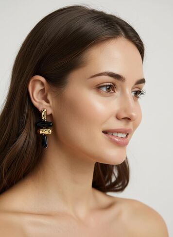 Statement Exaggerated Asymmetrical Geometric Enamel Chandelier Drop Earrings Large Trendy Jewelry For Women Black and Gold Geometric Drop Fashion Earrings in Kuwait
