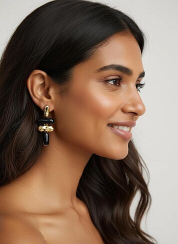 Statement Exaggerated Asymmetrical Geometric Enamel Chandelier Drop Earrings Large Trendy Jewelry For Women Black and Gold Geometric Drop Fashion Earrings in Kuwait