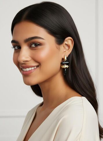 Statement Exaggerated Asymmetrical Geometric Enamel Chandelier Drop Earrings Large Trendy Jewelry For Women Black and Gold Geometric Drop Fashion Earrings in Kuwait