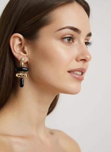 Statement Exaggerated Asymmetrical Geometric Enamel Chandelier Drop Earrings Large Trendy Jewelry For Women Black and Gold Geometric Drop Fashion Earrings in Kuwait
