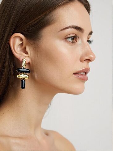 Statement Exaggerated Asymmetrical Geometric Enamel Chandelier Drop Earrings Large Trendy Jewelry For Women Black and Gold Geometric Drop Fashion Earrings in Kuwait