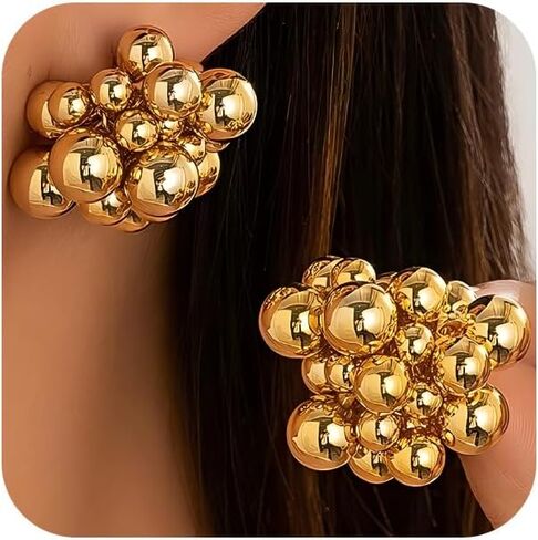 Chunky 14K Gold Beaded Cluster Silver Earrings for Women, Statement Big Round Beads Ball Drop Stud Earring Charm Y2k Party Prom Jewelry Gift Accessory in Saudi Arabia