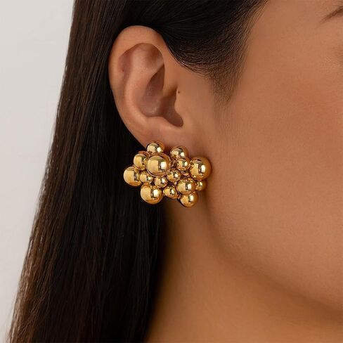 Chunky 14K Gold Beaded Cluster Silver Earrings for Women, Statement Big Round Beads Ball Drop Stud Earring Charm Y2k Party Prom Jewelry Gift Accessory in Saudi Arabia