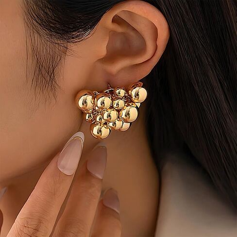 Chunky 14K Gold Beaded Cluster Silver Earrings for Women, Statement Big Round Beads Ball Drop Stud Earring Charm Y2k Party Prom Jewelry Gift Accessory in Saudi Arabia
