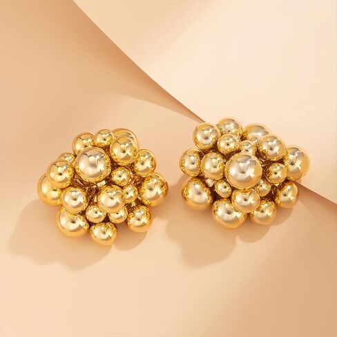 Chunky 14K Gold Beaded Cluster Silver Earrings for Women, Statement Big Round Beads Ball Drop Stud Earring Charm Y2k Party Prom Jewelry Gift Accessory in Saudi Arabia