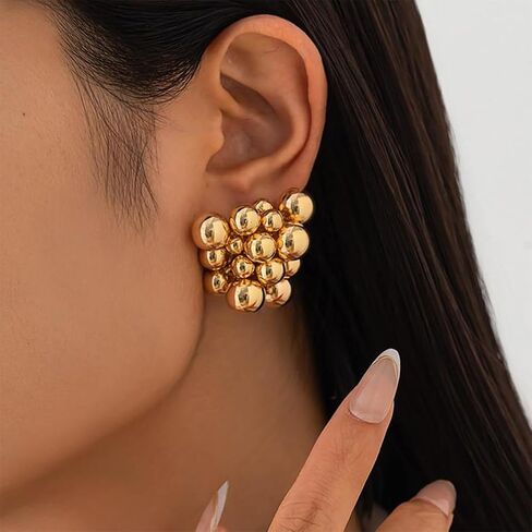 Chunky 14K Gold Beaded Cluster Silver Earrings for Women, Statement Big Round Beads Ball Drop Stud Earring Charm Y2k Party Prom Jewelry Gift Accessory in Saudi Arabia