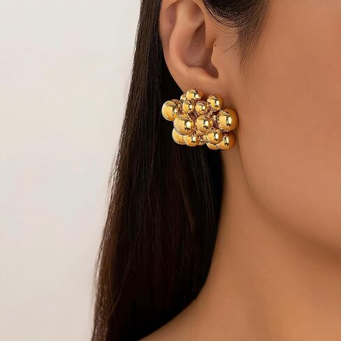 Chunky 14K Gold Beaded Cluster Silver Earrings for Women, Statement Big Round Beads Ball Drop Stud Earring Charm Y2k Party Prom Jewelry Gift Accessory in Saudi Arabia