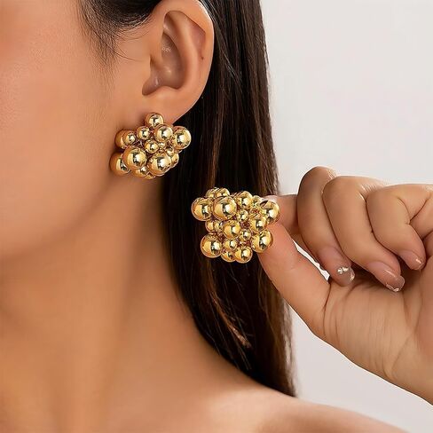 Chunky 14K Gold Beaded Cluster Silver Earrings for Women, Statement Big Round Beads Ball Drop Stud Earring Charm Y2k Party Prom Jewelry Gift Accessory in Saudi Arabia