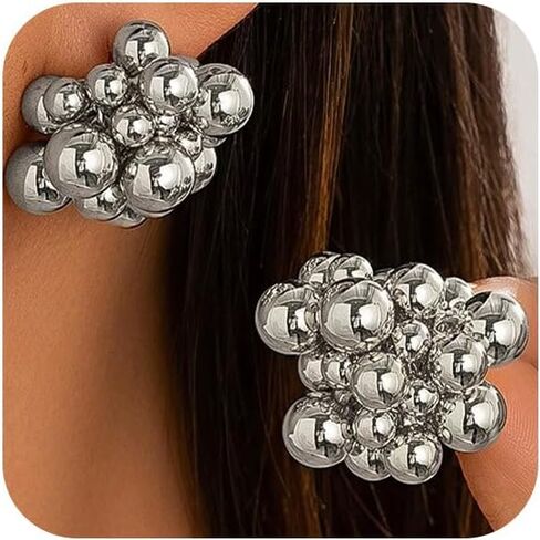 Chunky 14K Gold Beaded Cluster Silver Earrings for Women, Statement Big Round Beads Ball Drop Stud Earring Charm Y2k Party Prom Jewelry Gift Accessory in Saudi Arabia