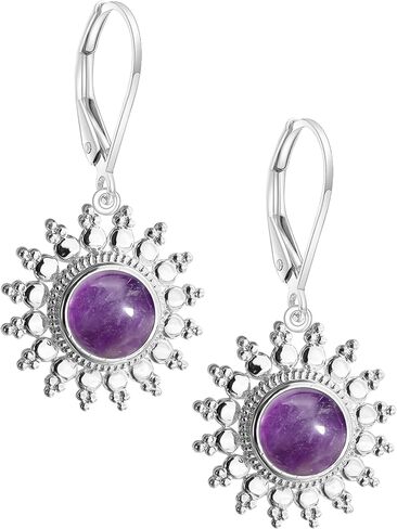 Natural Round Stone Sun Flower Drop Earrings,925 Sterling Silver Real Genuine Crystal Quartz Gemstone Dangle Dangling Statement Earrings Jewelry for Women Her in Kuwait