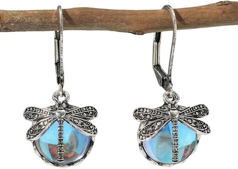 Inlaid Moonstone Drop Earrings Metal Drop Earrings Dragonfly Pendant Earrings Creative Vintage(Silver) in Saudi Arabia