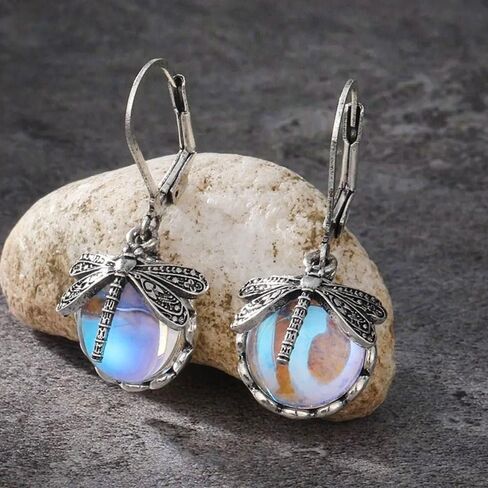 Inlaid Moonstone Drop Earrings Metal Drop Earrings Dragonfly Pendant Earrings Creative Vintage(Silver) in Saudi Arabia