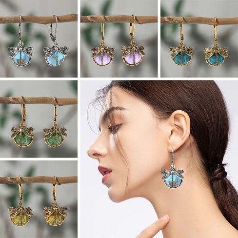 Inlaid Moonstone Drop Earrings Metal Drop Earrings Dragonfly Pendant Earrings Creative Vintage(Silver) in Saudi Arabia