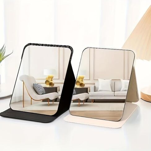 Travel Makeup Mirror PU Leather with Adjustable Stand - Desktop Portable Vanity Mirror for Travel, Camping, Office, 6.3x4.33Inches-Black in Saudi Arabia