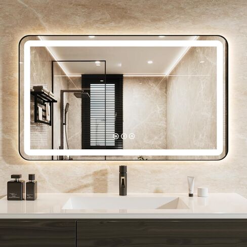 60" x 36" LED Bathroom Mirror with Backlit & Frontlit, Anti-Fog, Dimmable 3-Color Lights, Shatterproof, Black Frame, Rounded Corners - Wall Mount Vanity Mirror in Saudi Arabia