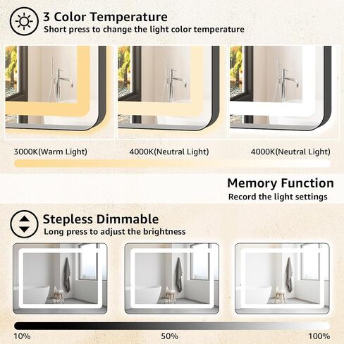 60" x 36" LED Bathroom Mirror with Backlit & Frontlit, Anti-Fog, Dimmable 3-Color Lights, Shatterproof, Black Frame, Rounded Corners - Wall Mount Vanity Mirror in Saudi Arabia