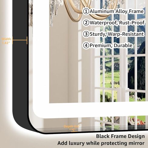 60" x 36" LED Bathroom Mirror with Backlit & Frontlit, Anti-Fog, Dimmable 3-Color Lights, Shatterproof, Black Frame, Rounded Corners - Wall Mount Vanity Mirror in Saudi Arabia