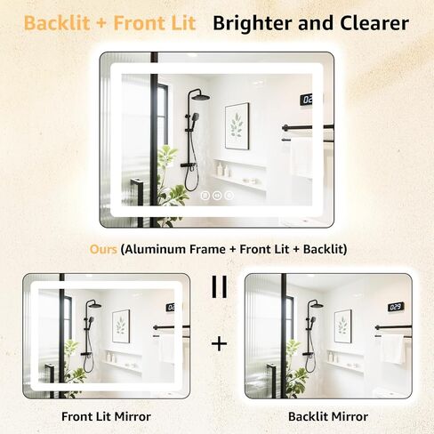 60" x 36" LED Bathroom Mirror with Backlit & Frontlit, Anti-Fog, Dimmable 3-Color Lights, Shatterproof, Black Frame, Rounded Corners - Wall Mount Vanity Mirror in Saudi Arabia