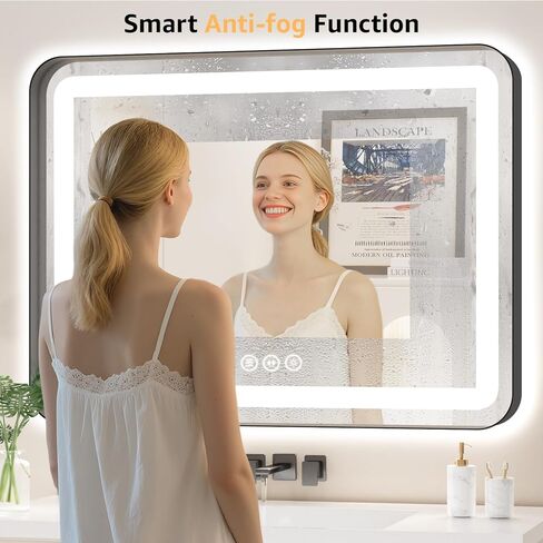 60" x 36" LED Bathroom Mirror with Backlit & Frontlit, Anti-Fog, Dimmable 3-Color Lights, Shatterproof, Black Frame, Rounded Corners - Wall Mount Vanity Mirror in Saudi Arabia