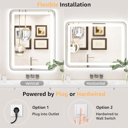 60" x 36" LED Bathroom Mirror with Backlit & Frontlit, Anti-Fog, Dimmable 3-Color Lights, Shatterproof, Black Frame, Rounded Corners - Wall Mount Vanity Mirror in Saudi Arabia