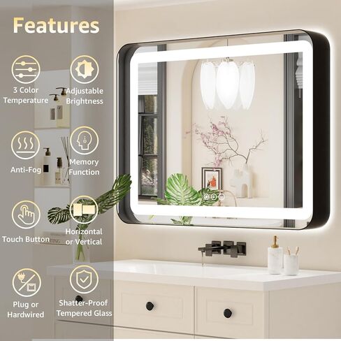 60" x 36" LED Bathroom Mirror with Backlit & Frontlit, Anti-Fog, Dimmable 3-Color Lights, Shatterproof, Black Frame, Rounded Corners - Wall Mount Vanity Mirror in Saudi Arabia