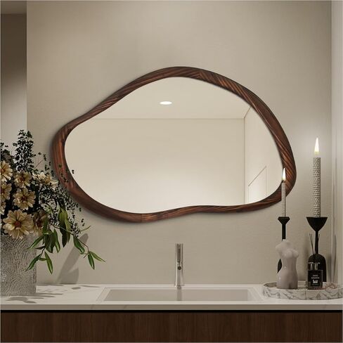مرآة حمام خشبية غير متناظرة مقاس 60.96 سم × 91.44 سم، مرآة حائط غير منتظمة من خشب الجوز الداكن، مرآة زينة لمزرعة ريفية لغرفة النوم، وغرفة المعيشة، والمدخل، أفقية/عمودية in Kuwait