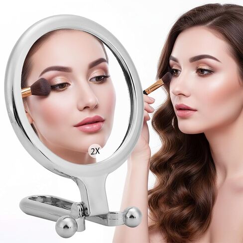 مرآة مكبرة محمولة مزدوجة الجوانب، مرآة مكياج قابلة للطي والتكبير 1X 2X للسفر، مرآة يد بقاعدة دوارة قابلة للتعديل لسطح الطاولة باللون الفضي in Kuwait