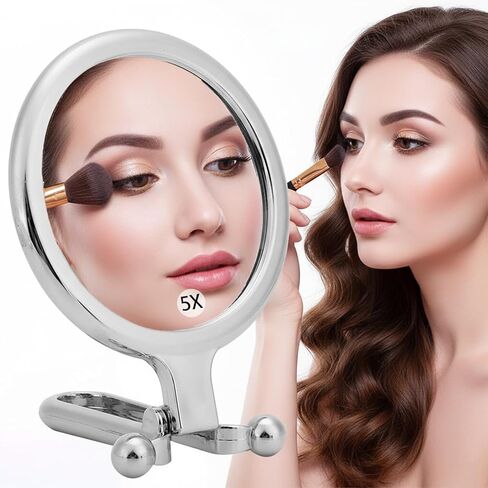 مرآة مكبرة محمولة مزدوجة الجوانب، مرآة مكياج قابلة للطي والتكبير 1X 2X للسفر، مرآة يد بقاعدة دوارة قابلة للتعديل لسطح الطاولة باللون الفضي in Saudi Arabia