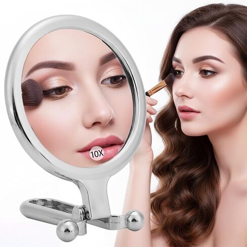 مرآة مكبرة محمولة مزدوجة الجوانب، مرآة مكياج قابلة للطي والتكبير 1X 2X للسفر، مرآة يد بقاعدة دوارة قابلة للتعديل لسطح الطاولة باللون الفضي in Kuwait
