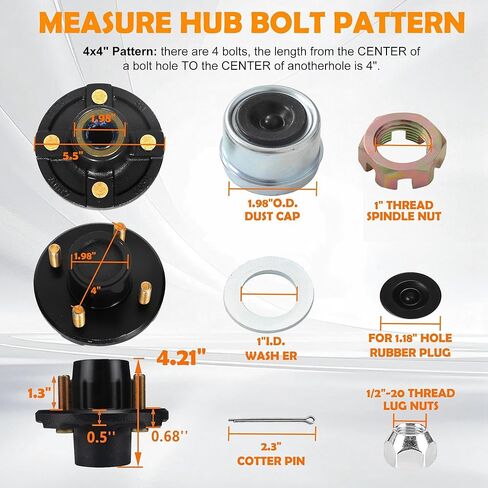 2 Set 2000 lbs Trailer Axle Spindle Kit Round BT8 Spindlewith4-Lug 4" Hub, Trailer Axle Kit for 2000 lb 4Lug TrailerHub Fits 1" Spindle, Fits Boat, Utility & Cargo Trailers in Kuwait