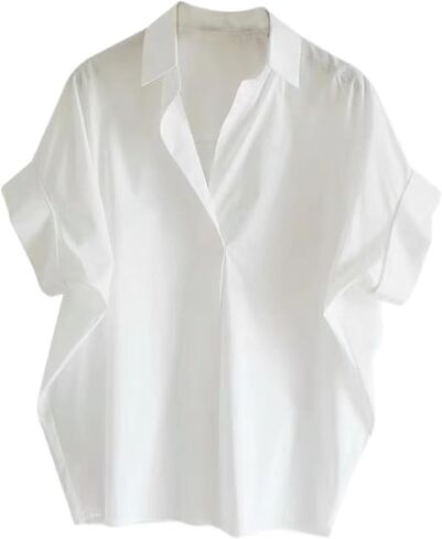 Loose Cotton Shirt White Loose Bat Sleeve Collar Shirt Woman Daily Pullover V-Neck Blouses Top for Office School White in Kuwait