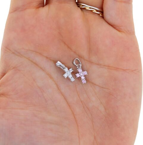 Cross Pendant, Clear or Pink Cubic Zirconia, Sterling Silver Mini Cross Charm, Clear CZ pendant for First Communion, Graduation, and More in Kuwait