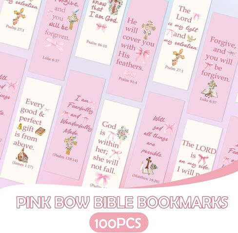 100 Pcs Christian Bookmarks, Religious Pink Bow Cross Flower Paper Bookmark Bulk for Women, Inspirational Bible Verse Book Mark Gift for Reading Lovers Church Accessories in Kuwait