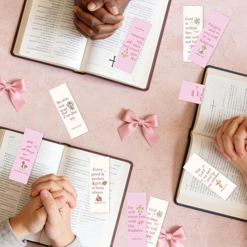 100 Pcs Christian Bookmarks, Religious Pink Bow Cross Flower Paper Bookmark Bulk for Women, Inspirational Bible Verse Book Mark Gift for Reading Lovers Church Accessories in Kuwait