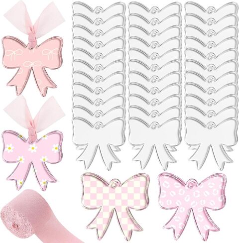 Yeaqee 50 Pcs Bow Acrylic Blanks Clear Keychains with 1 Rolls Ribbon DIY Laser Engraving Bookmarks Blanks Tags for Craft Reading Lovers Gift Keychain Luggage Handbag Travel Suitcase Tags in Saudi Arabia