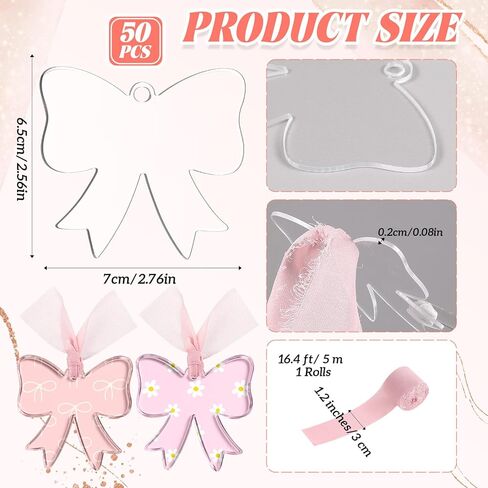 Yeaqee 50 Pcs Bow Acrylic Blanks Clear Keychains with 1 Rolls Ribbon DIY Laser Engraving Bookmarks Blanks Tags for Craft Reading Lovers Gift Keychain Luggage Handbag Travel Suitcase Tags in Saudi Arabia