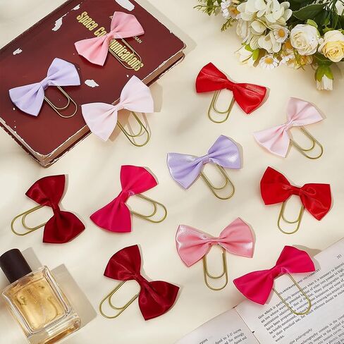 12Pcs Bow Bookmark with Gold Clip 6 Color Polyester Bowknot Page Markers Cute Paper Page File Marker Iron Clips Book Accessories for Women Reading Book Lovers Birthday Presents in Kuwait