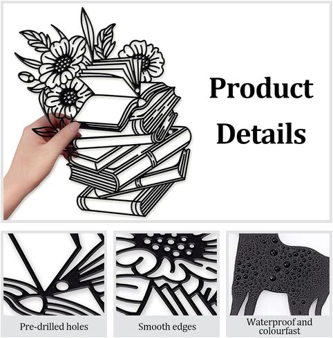 NBEADS Reading Metal Wall Decor, 7.7x11.2inch Iron Book Wall Art Decor Flower Wall Decor Sign Metal Wall Sculptures for Home Bedroom Living Room Office Hotel Wall Decoration, Matte Black in Saudi Arabia