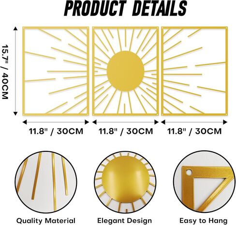 Xedatric Golden Sunburst Metal Wall Art–3-Piece Sun Wall Art Set in Luxe Gold–Durable Gold Metal Wall Decor for Living Room, Bedroom, or Gifts in Kuwait