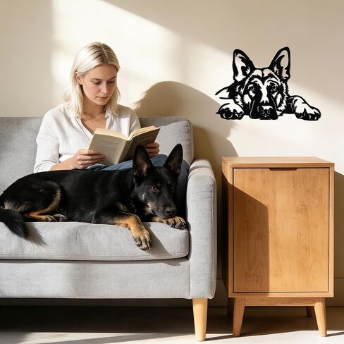 JEWLOVE لوحة فنية جدارية للراعي الألماني - ديكور جدار معدني للكلاب لمحبي الحيوانات الأليفة، الراعي الألماني الأسود مستلقيًا، ديكور منزلي ريفي لغرفة المعيشة، غرفة النوم، بيت الكلب، 14.3 بوصة × 10 بوصة in Kuwait