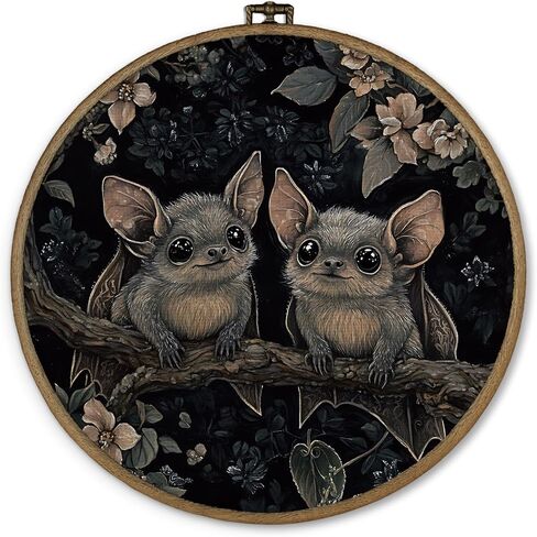 dvhdajed Dark Academia Halloween Bat Round Wall Art Decor, Gothic Cottagecore Bat Framed Canvas Art, Gothic Witchy Bat Botanical Round Wall Hanging Decor for Bathroom Bedroom Living Room, 10x10 Inch in Kuwait
