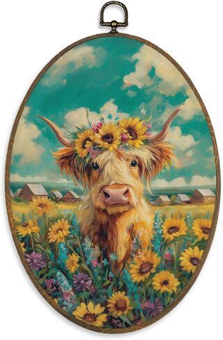 XBBMGG Highland Cow Sunflower Wall Art Decor, Rustic Farm Cow Floral Oval Wall Hanging Decor, Farmhouse Country Animal Framed Canvas Prints for Home Living Room Bedroom Decorations, 8.6x11.4inch in Kuwait