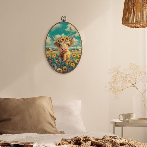 XBBMGG Highland Cow Sunflower Wall Art Decor, Rustic Farm Cow Floral Oval Wall Hanging Decor, Farmhouse Country Animal Framed Canvas Prints for Home Living Room Bedroom Decorations, 8.6x11.4inch in Kuwait