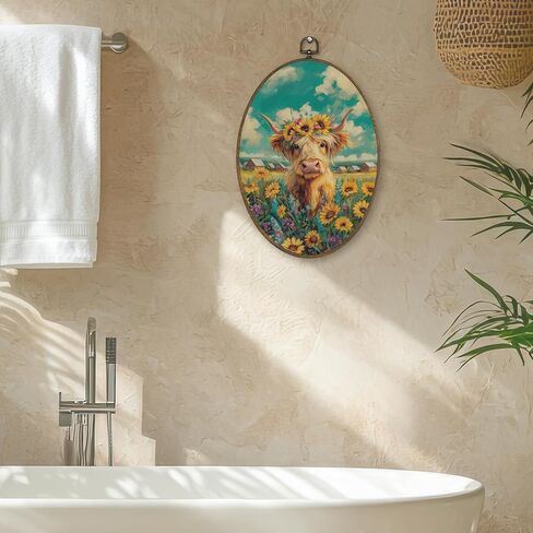 XBBMGG Highland Cow Sunflower Wall Art Decor, Rustic Farm Cow Floral Oval Wall Hanging Decor, Farmhouse Country Animal Framed Canvas Prints for Home Living Room Bedroom Decorations, 8.6x11.4inch in Kuwait