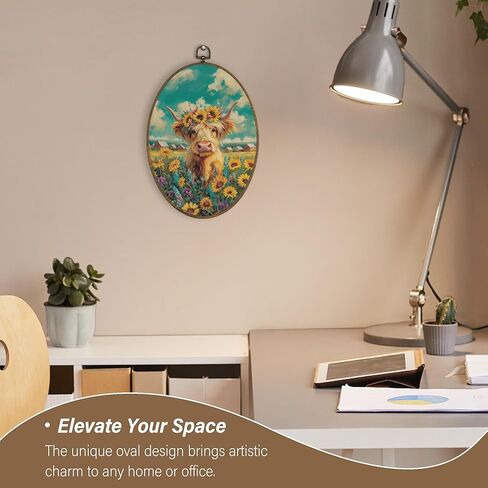 XBBMGG Highland Cow Sunflower Wall Art Decor, Rustic Farm Cow Floral Oval Wall Hanging Decor, Farmhouse Country Animal Framed Canvas Prints for Home Living Room Bedroom Decorations, 8.6x11.4inch in Kuwait