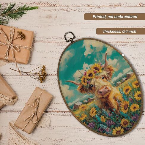 XBBMGG Highland Cow Sunflower Wall Art Decor, Rustic Farm Cow Floral Oval Wall Hanging Decor, Farmhouse Country Animal Framed Canvas Prints for Home Living Room Bedroom Decorations, 8.6x11.4inch in Kuwait